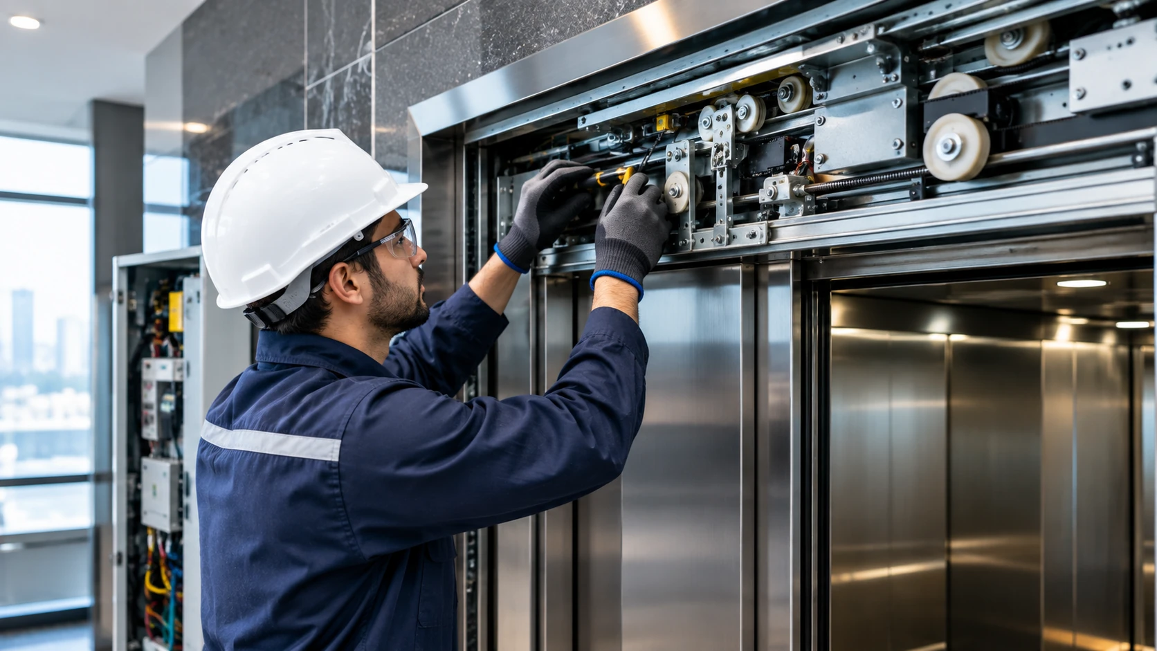 Professional technician performing elevator door system maintenance and servicing in Islamabad, Pakistan