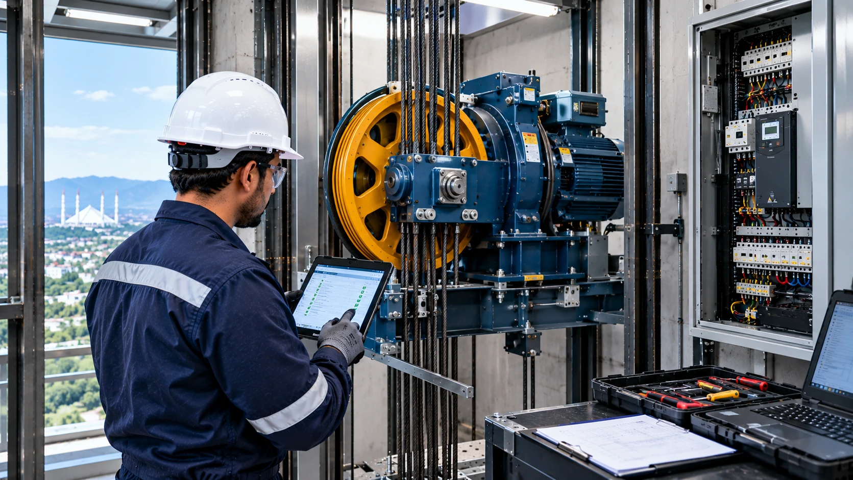 Professional technician inspecting elevator machine and motor during modernization in Islamabad, Pakistan