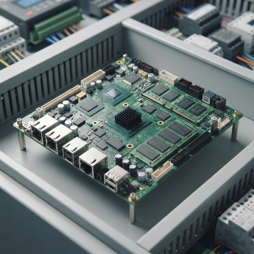 A detailed close-up photograph of a complex green printed circuit board assembly designed for elevator control systems, featuring multiple processors, microchips, and connectors mounted inside a metal chassis.