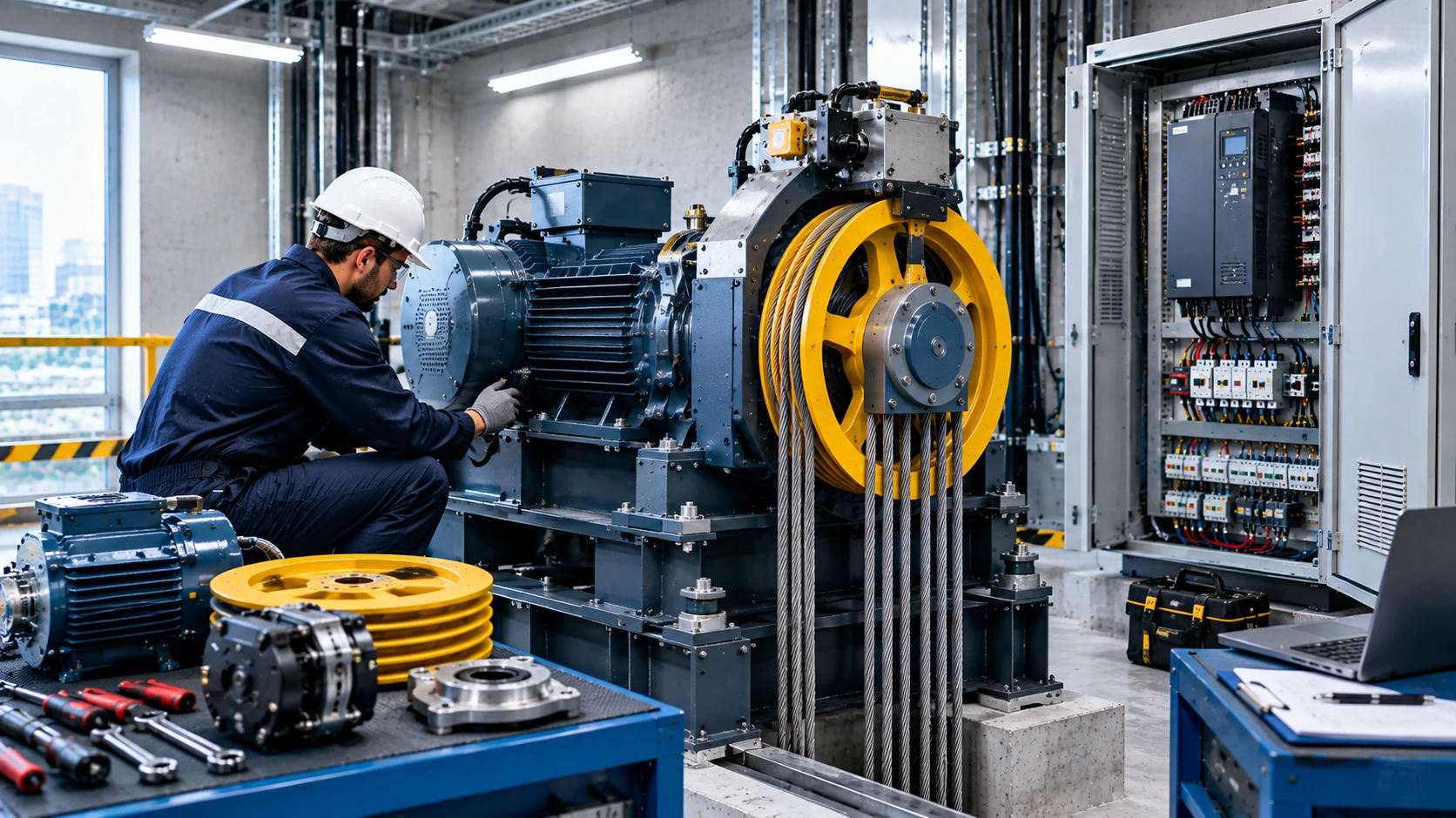 Elevator technician servicing hoist motor, traction sheave, steel ropes, control panel, and replacement parts
