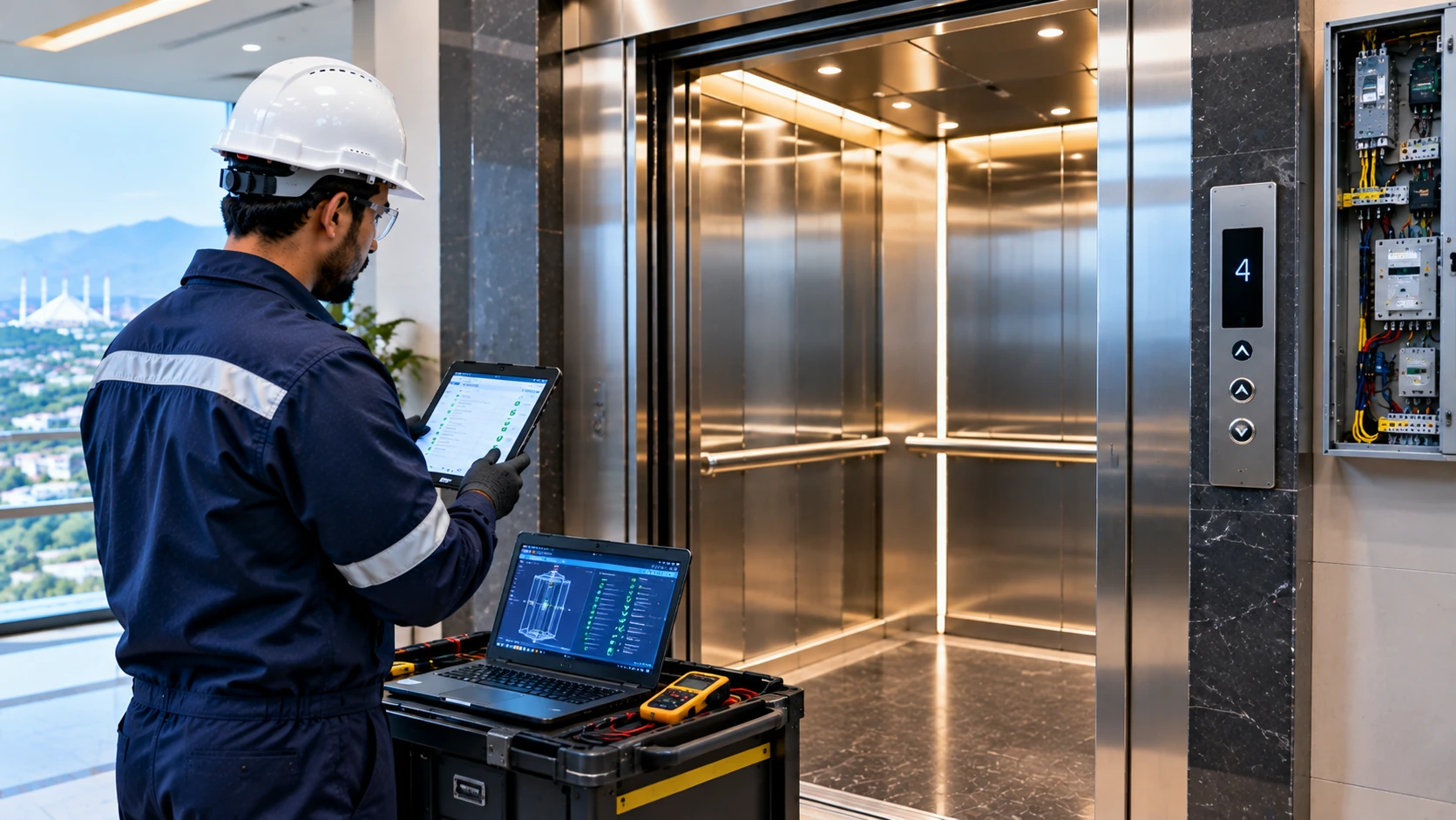 Professionally modernized elevator with upgraded controls and stainless-steel cabin in Islamabad, Pakistan