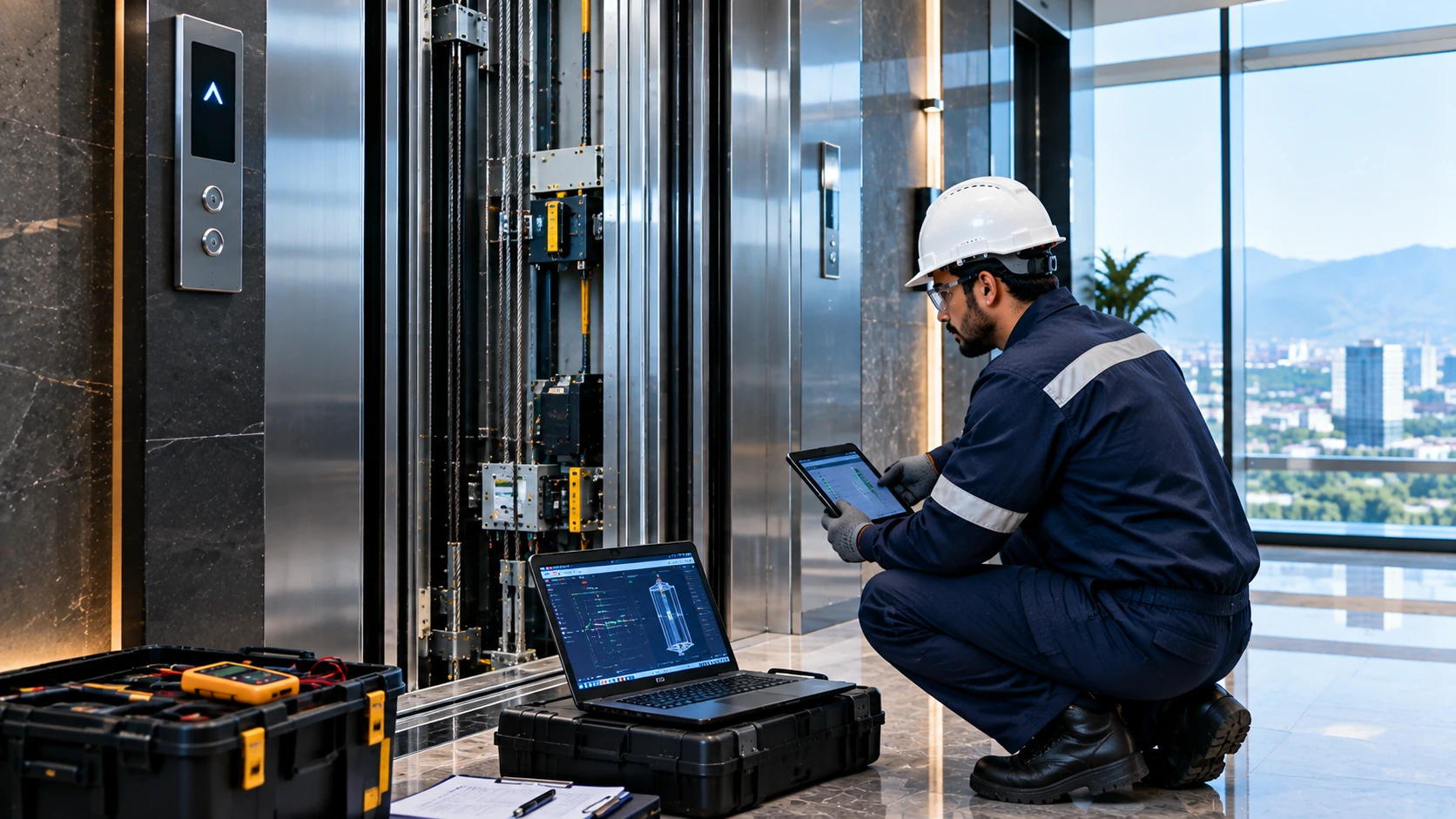 Professional technician inspecting a modernized elevator system in Islamabad, Pakistan