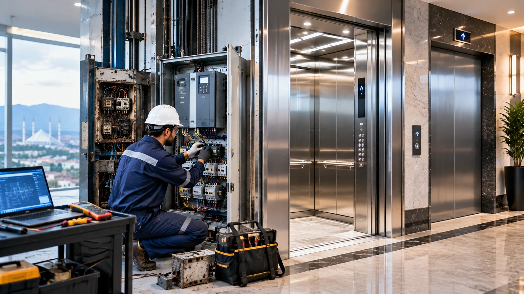 Professional technician performing elevator modernization and control system upgrade in Islamabad, Pakistan