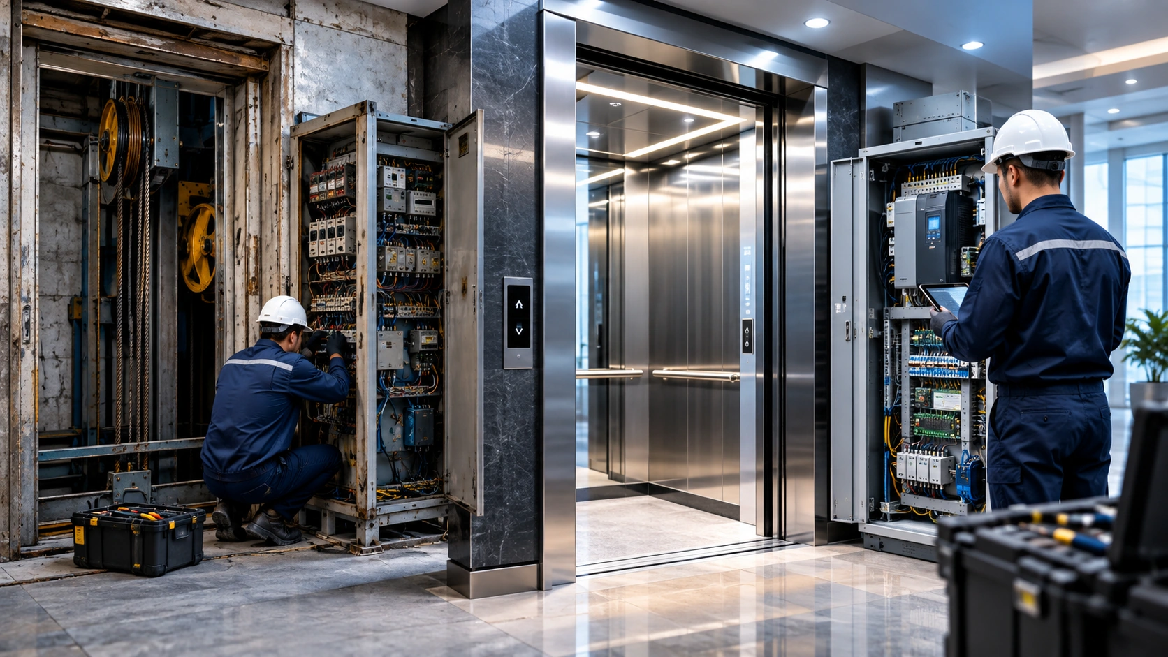 Elevator modernization services in Islamabad and Rawalpindi showing professional technicians upgrading an old elevator system with modern control equipment