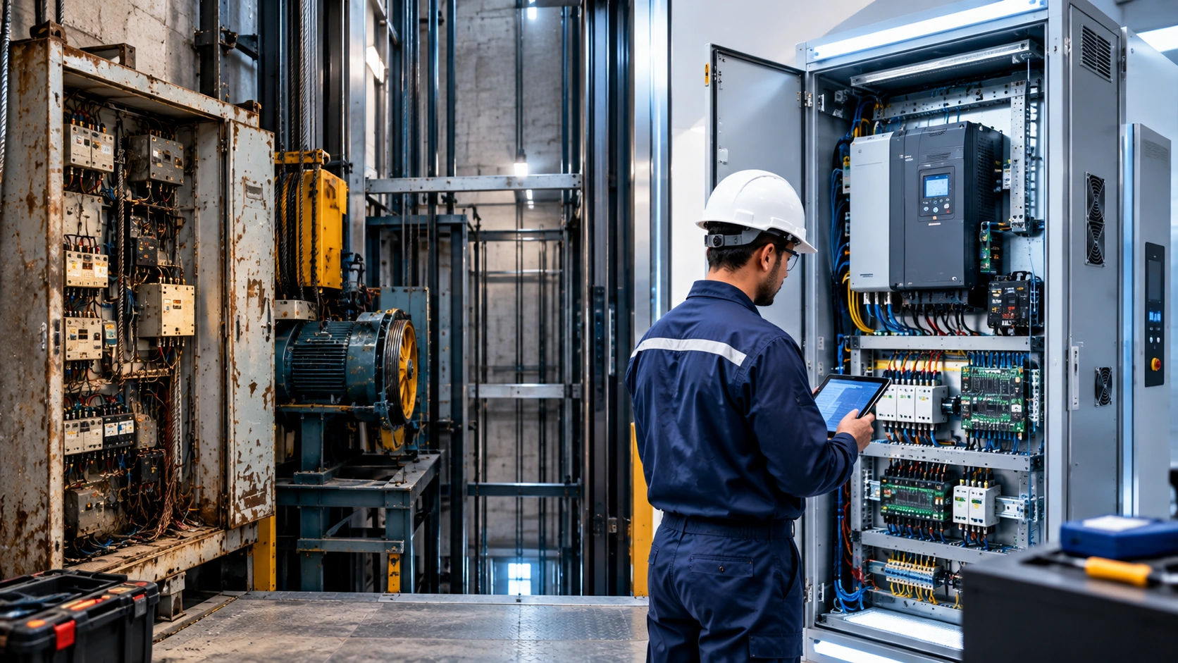 Professional elevator technician upgrading an old elevator control system with modern equipment in Islamabad and Rawalpindi