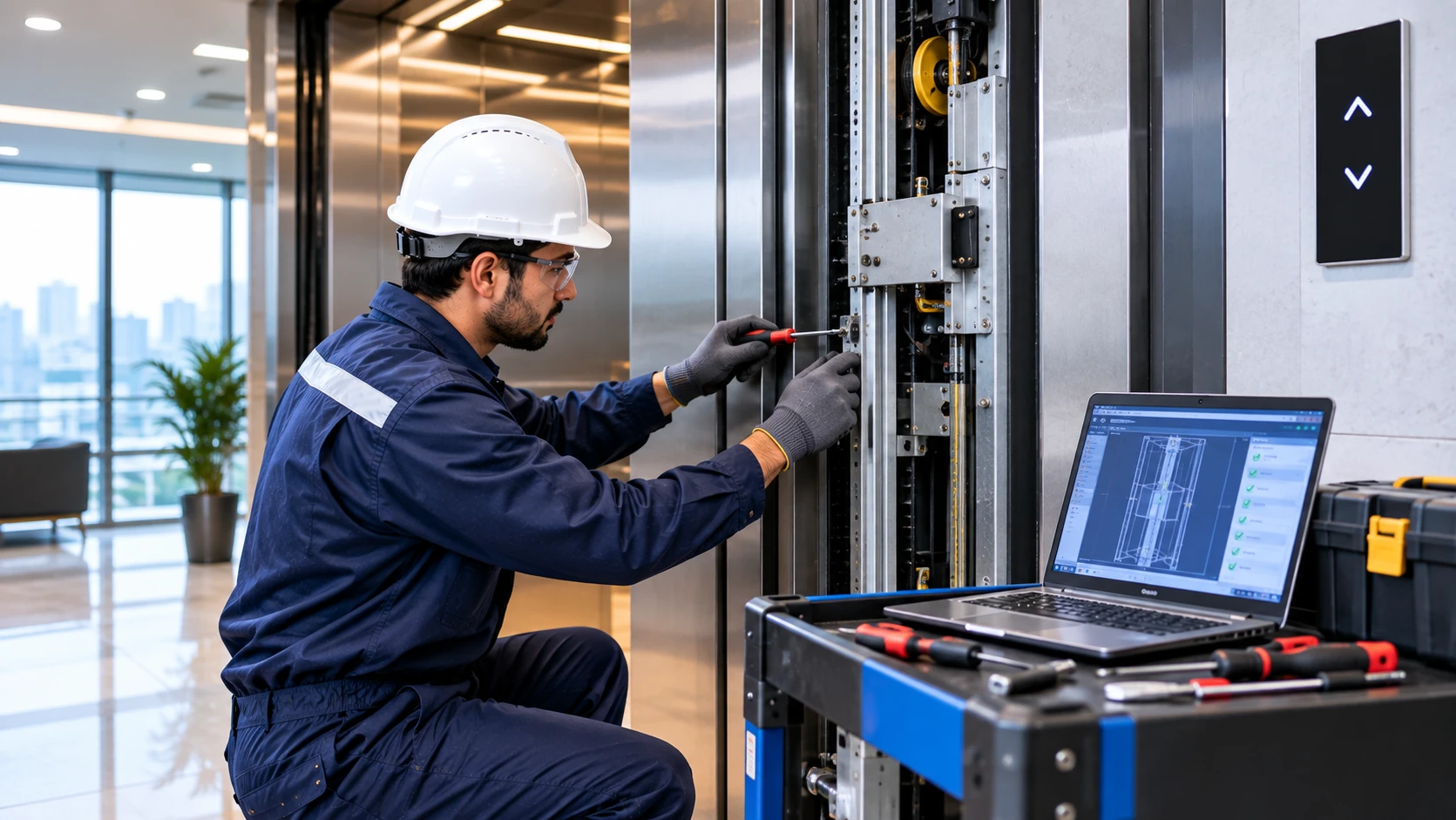 Professional technician inspecting elevator ropes and guide rails during maintenance in Islamabad, Pakistanh
