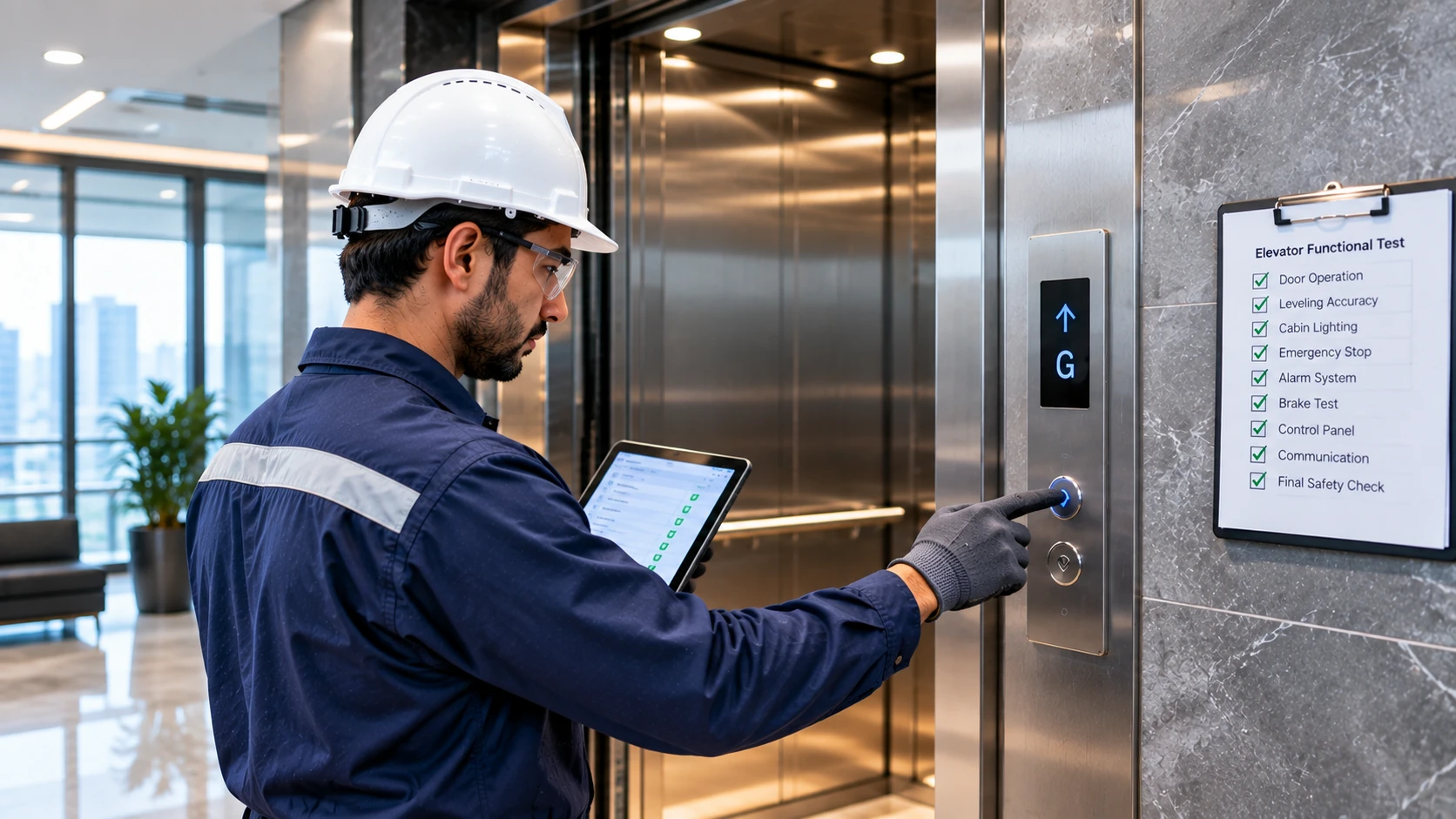 Professional technician testing elevator safety devices and controls in Islamabad, Pakistan