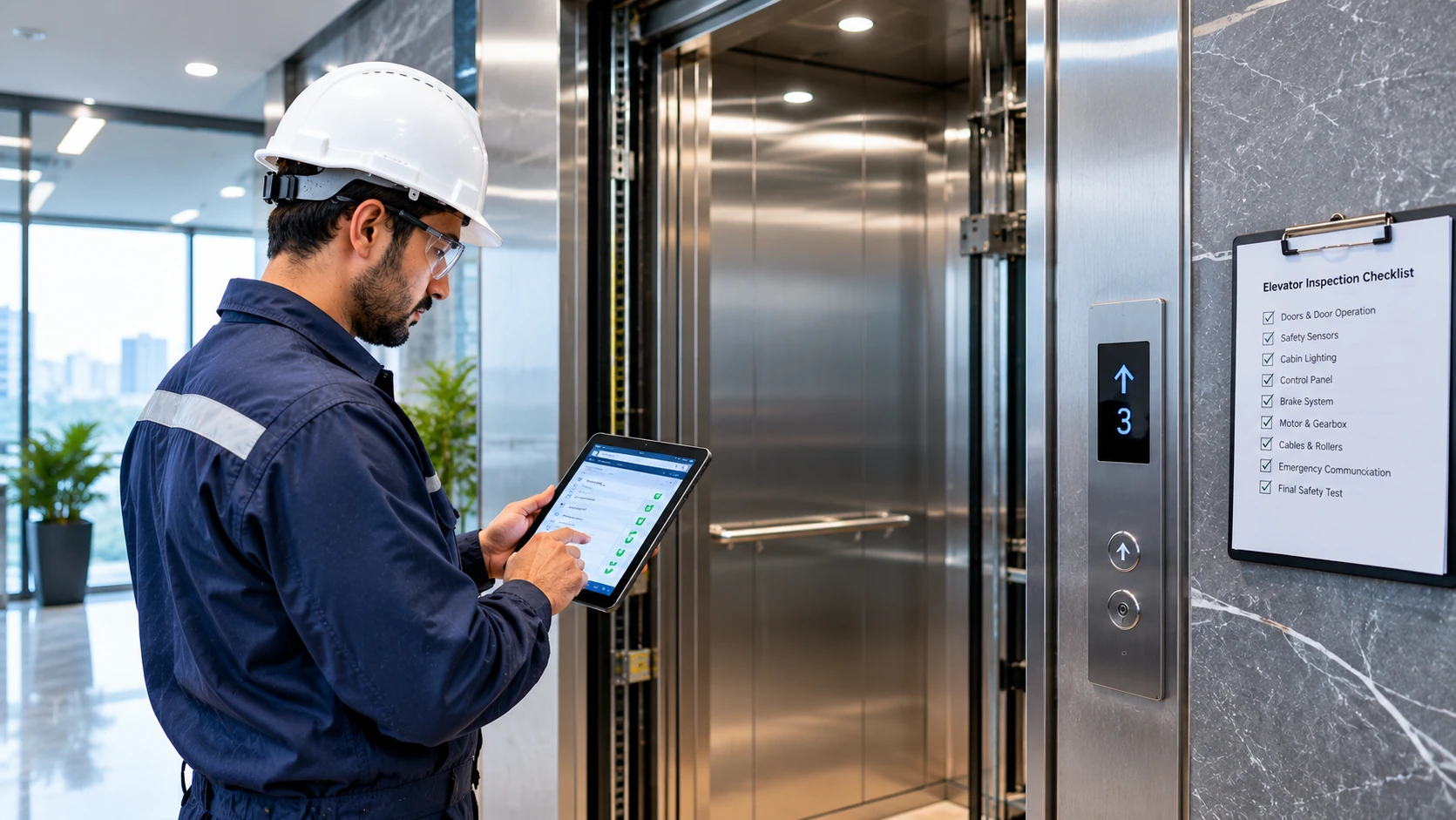 Professional technician performing elevator safety inspection and maintenance in Islamabad, Pakistan