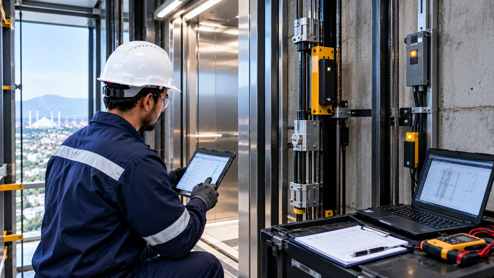 Professional technician inspecting elevator safety systems during modernization in Islamabad, Pakistan