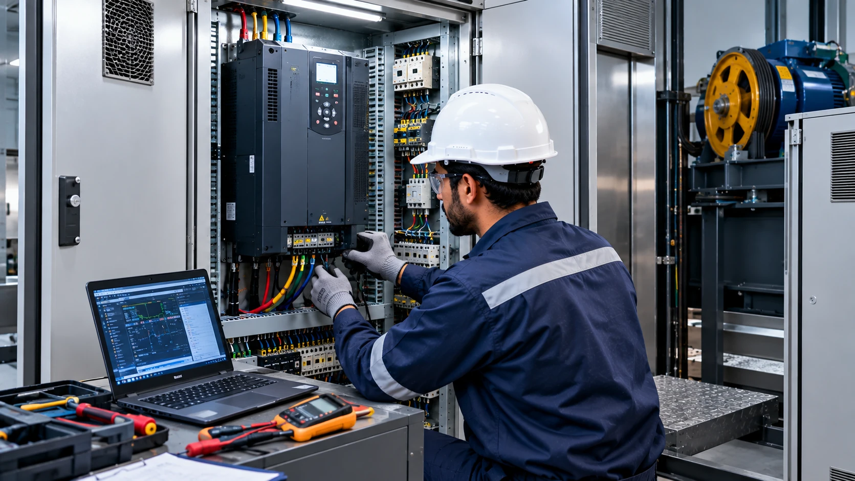 Professional technician installing a VVVF drive in an elevator control cabinet in Islamabad, Pakistan