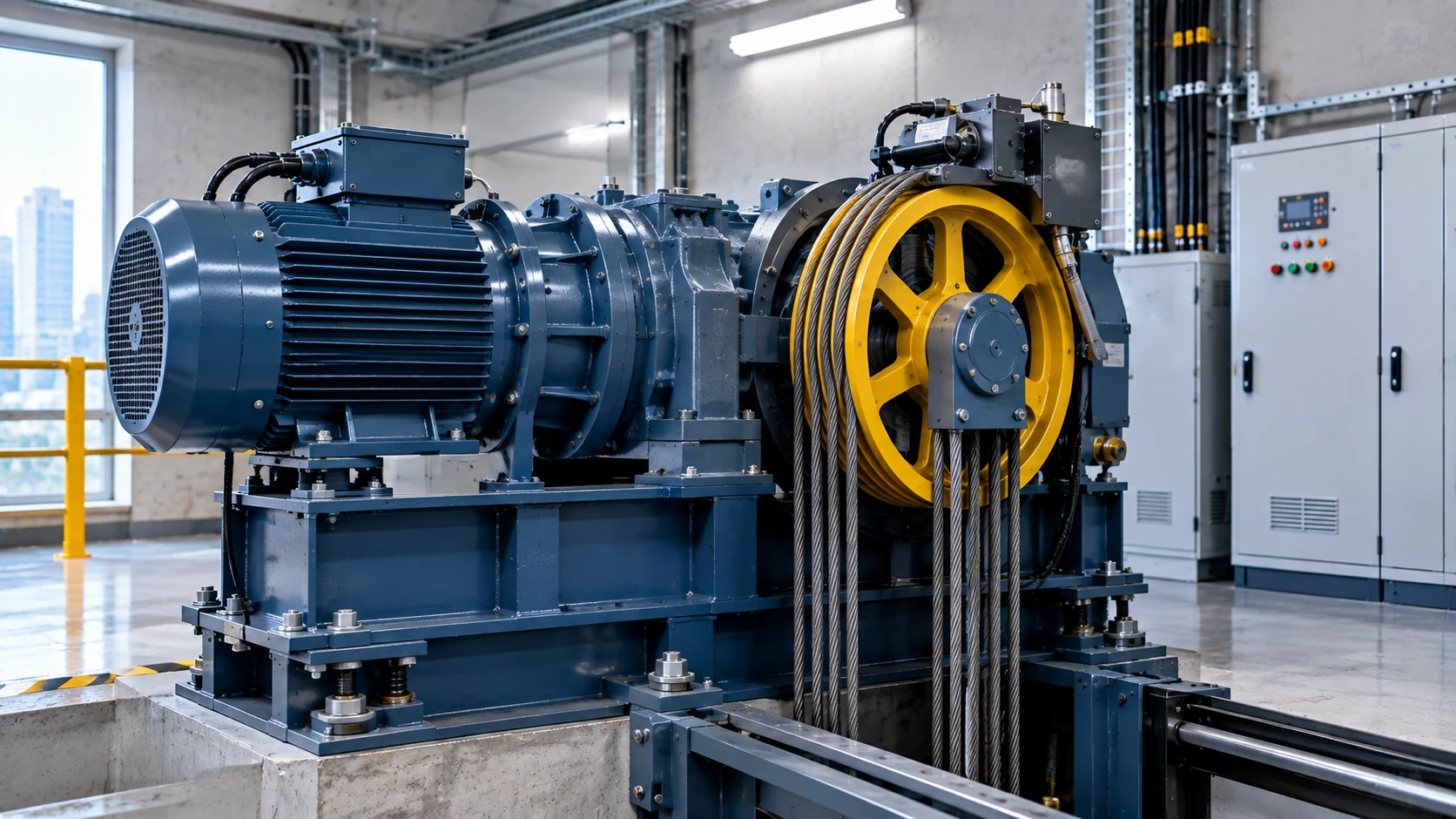 Gearless traction machine for an energy-efficient elevator system in a modern machine room