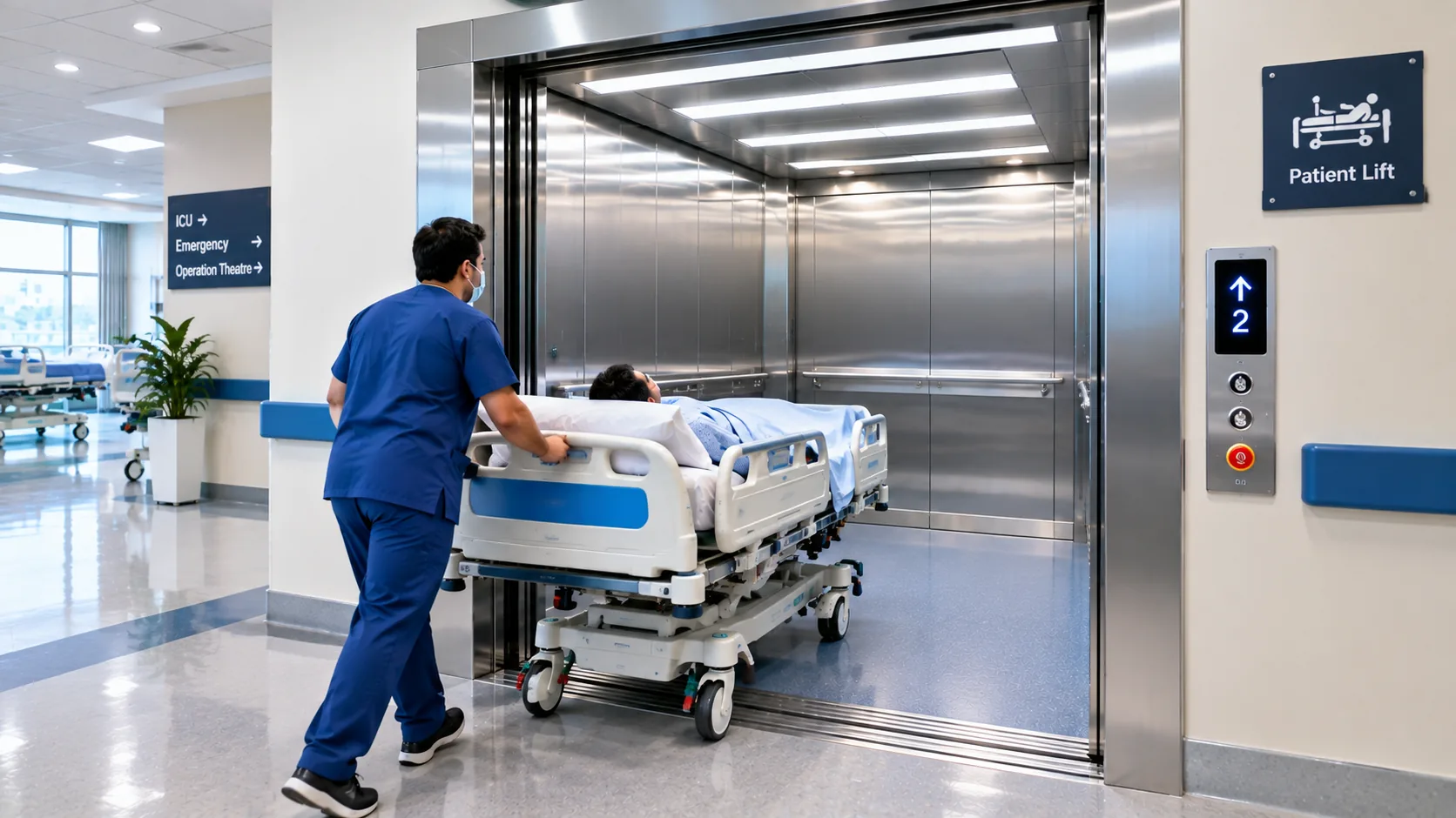 Heavy-duty hospital bed elevator transporting a patient stretcher in Islamabad