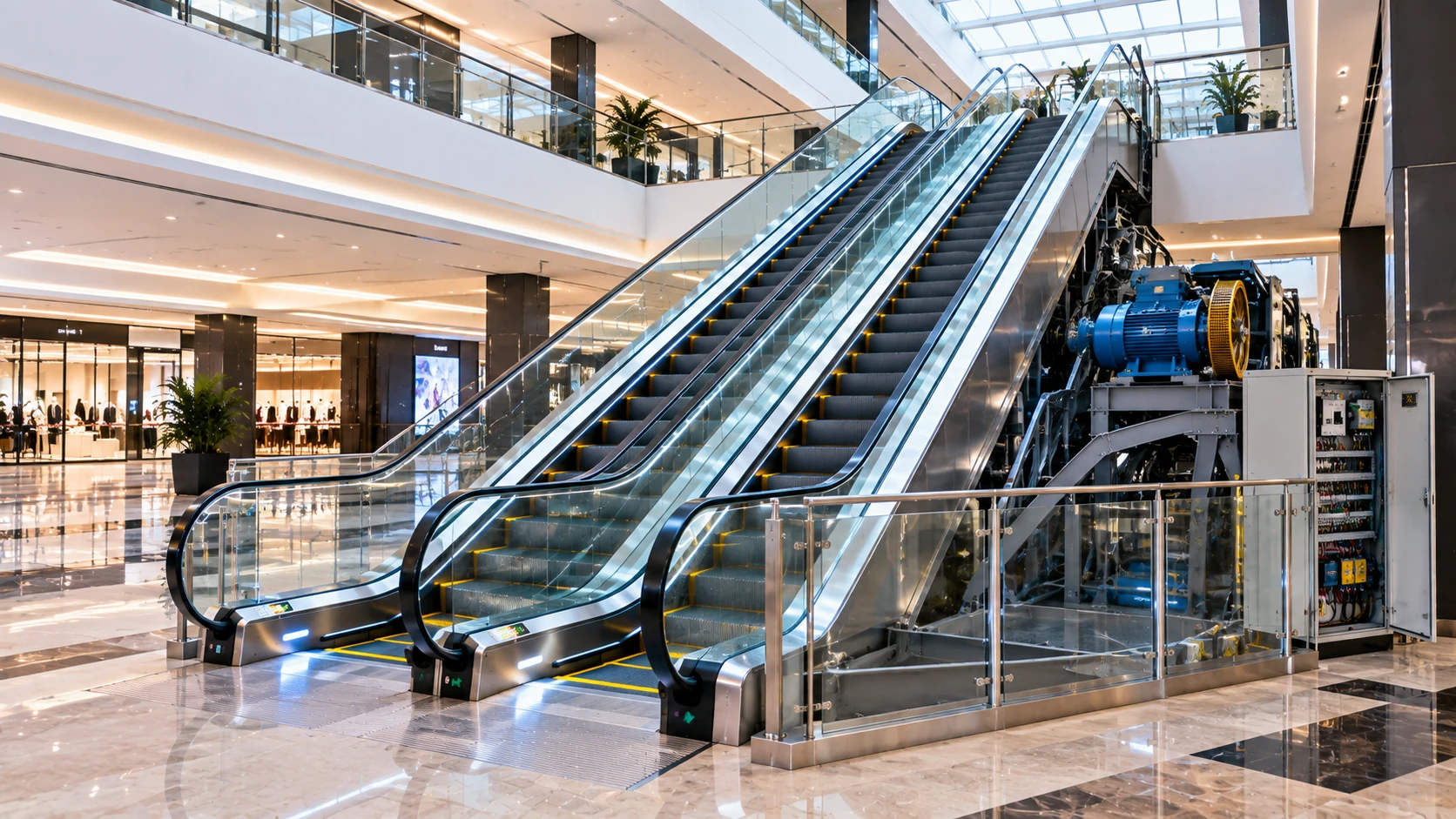 High-capacity commercial escalators with modern drive machinery in Islamabad, Pakistan