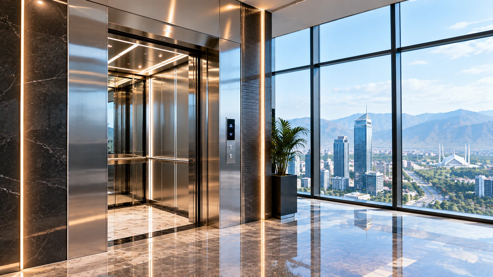High-speed gearless passenger elevator in a modern high-rise building in Islamabad and Rawalpindi, Pakistan