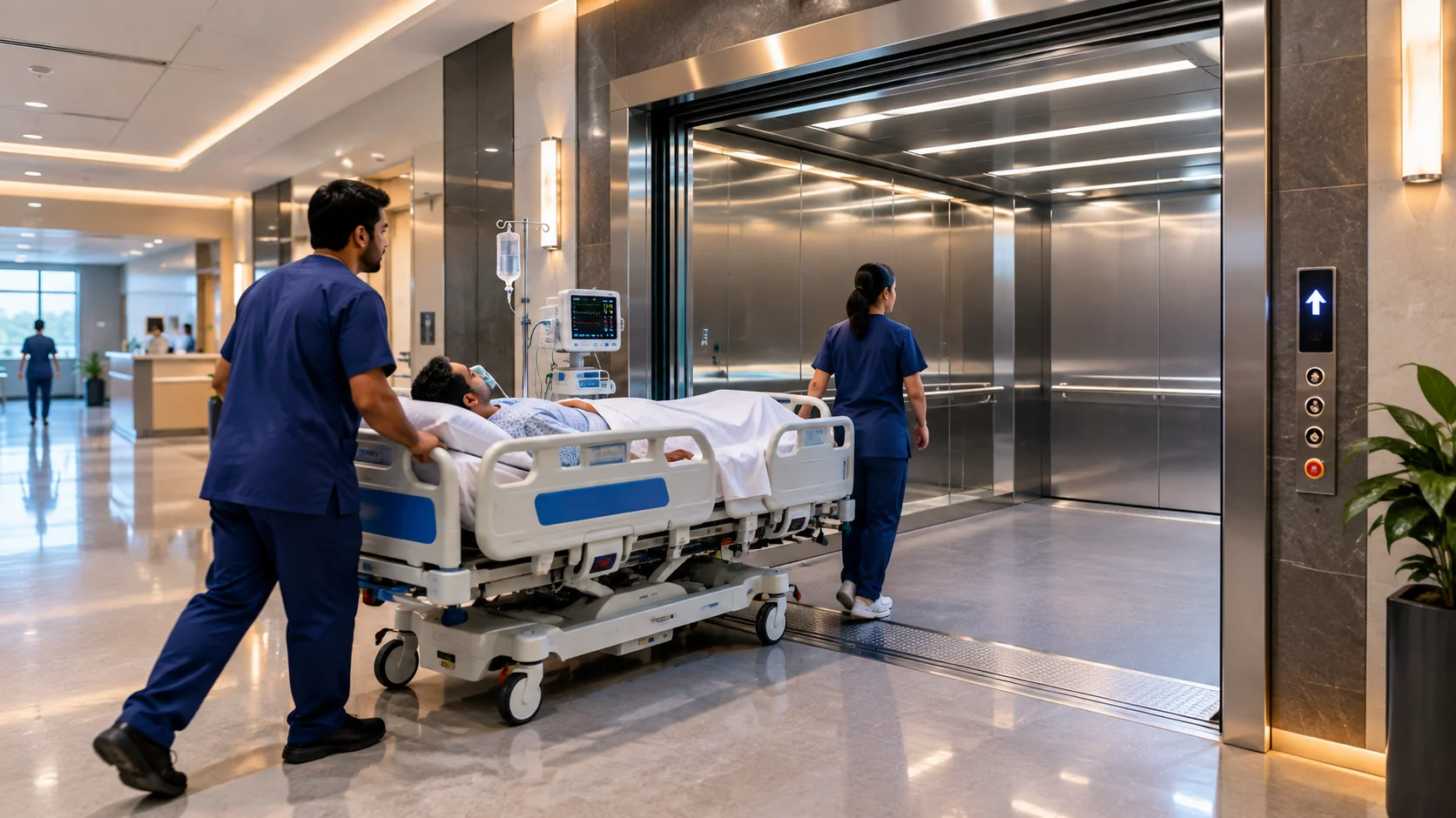 Hospital bed elevator transporting a patient stretcher in a modern hospital in Islamabad