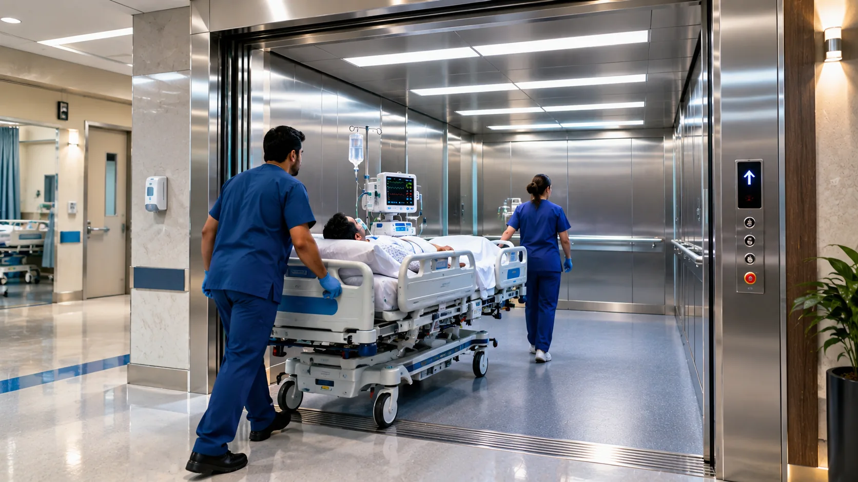 ICU trauma hospital bed elevator transporting a patient stretcher in Islamabad