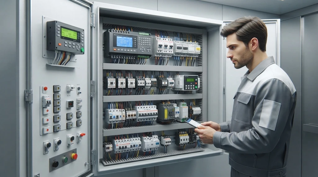 A detailed photograph of a technician inspecting an open modern elevator control panel cabinet in a clean machine room in Islamabad. The panel features a microprocessor, organized wiring, and safety components.Rationale: Accurately describes the visual content for accessibility and search engines, integrating keywords like "technician," "microprocessor," and "safety components.