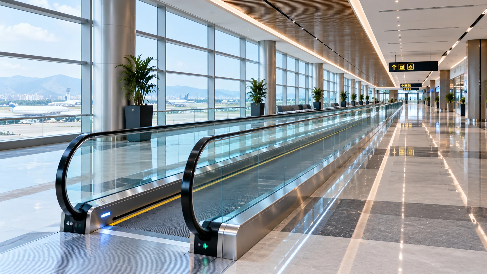 Modern moving walkway installed in a commercial airport terminal in Islamabad and Rawalpindi, Pakistan