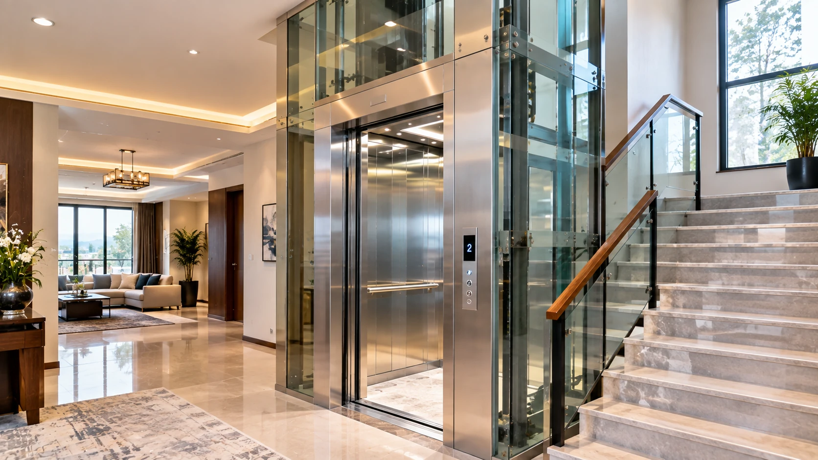 Modern residential home elevator installed beside a staircase in Islamabad